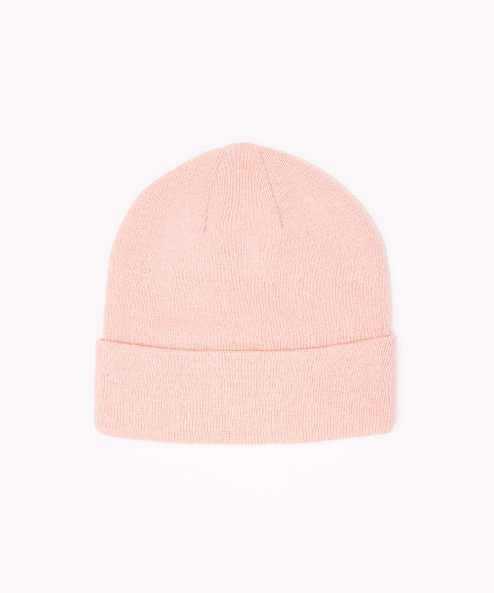 gorro de tricô com dobra rosa claro