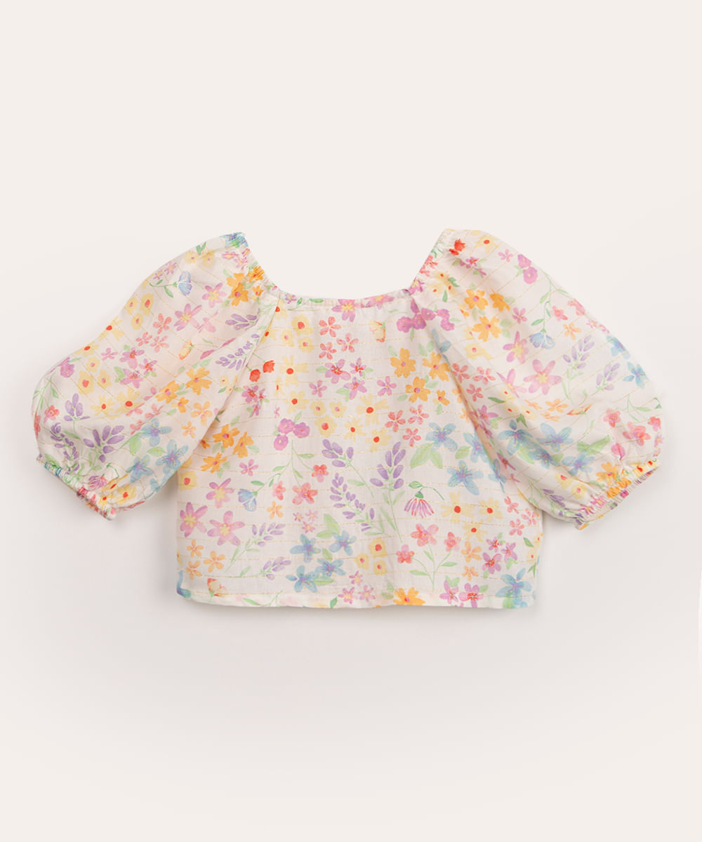 blusa infantil manga bufante floral off white