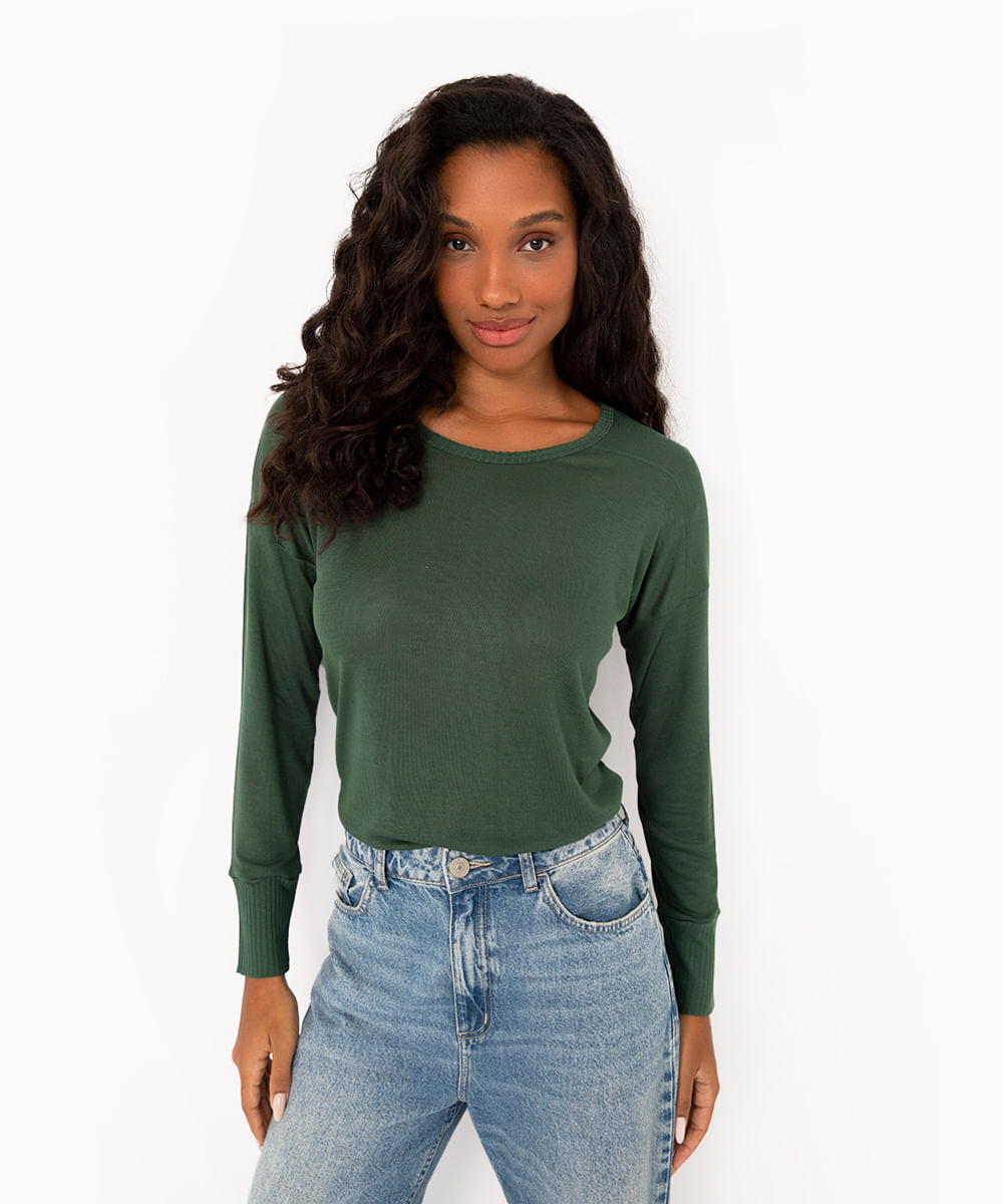 blusa de tricô com recorte e manga longa verde escuro