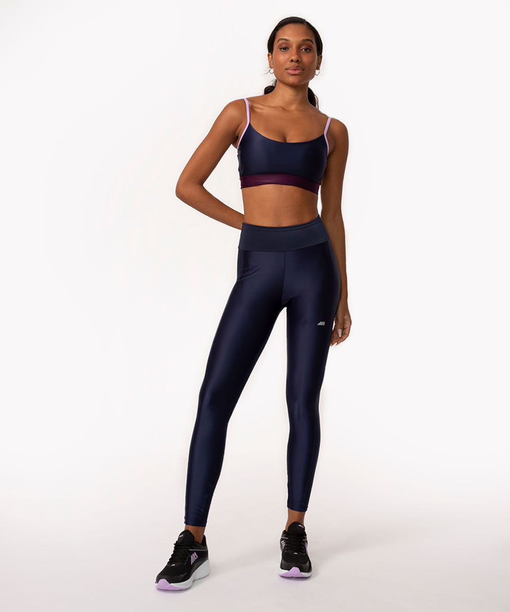 calça legging cintura alta com recorte canelado esportiva ace azul marinho