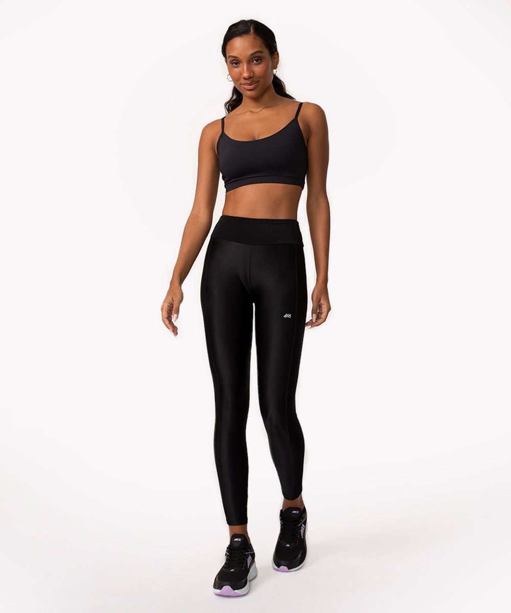 calça legging cintura alta com recorte canelado esportiva ace preta