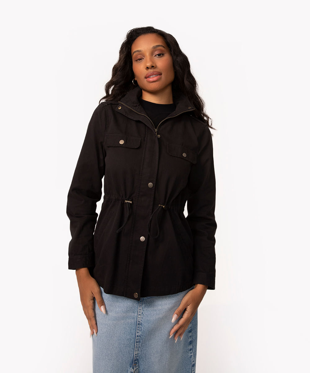 jaqueta parka de sarja com bolsos - preto