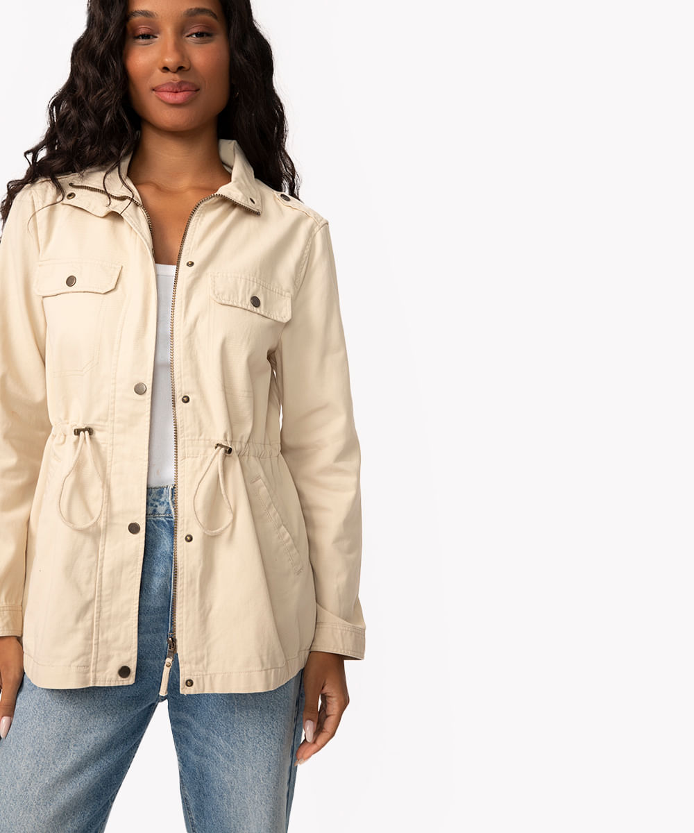 jaqueta parka de sarja com bolsos - areia