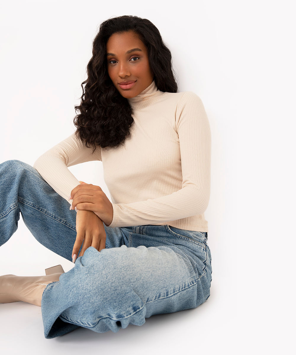 blusa de malha canelada manga longa bege