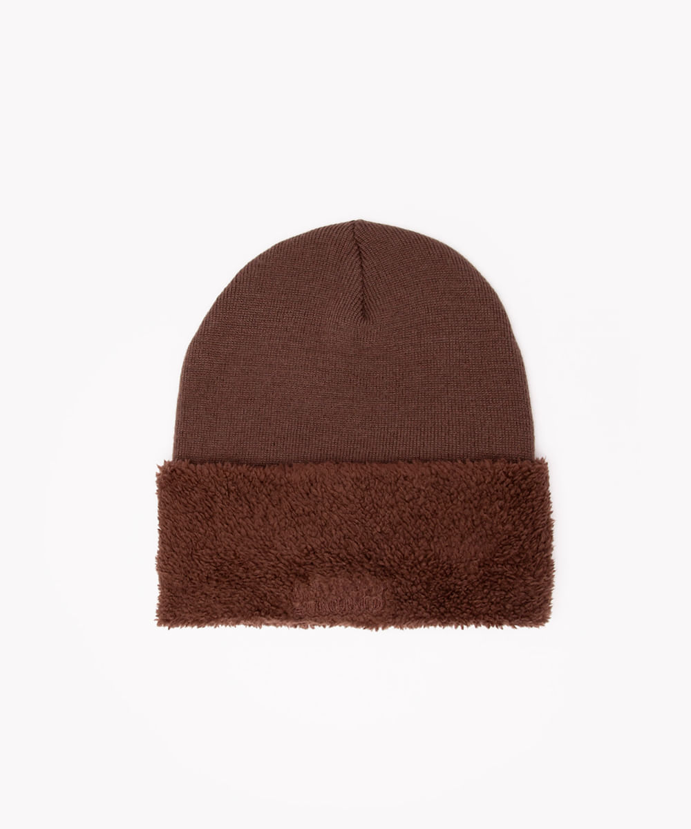 gorro de tricô com dobra sherpa marrom