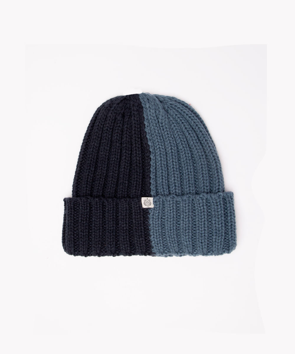 gorro de tricô canelado bicolor azul