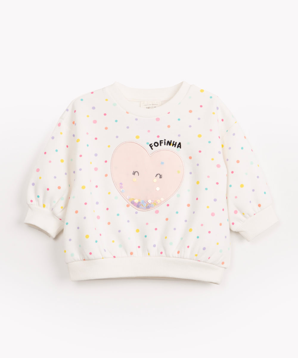 blusão infantil de moletom manga longa poá coração fofinha off white