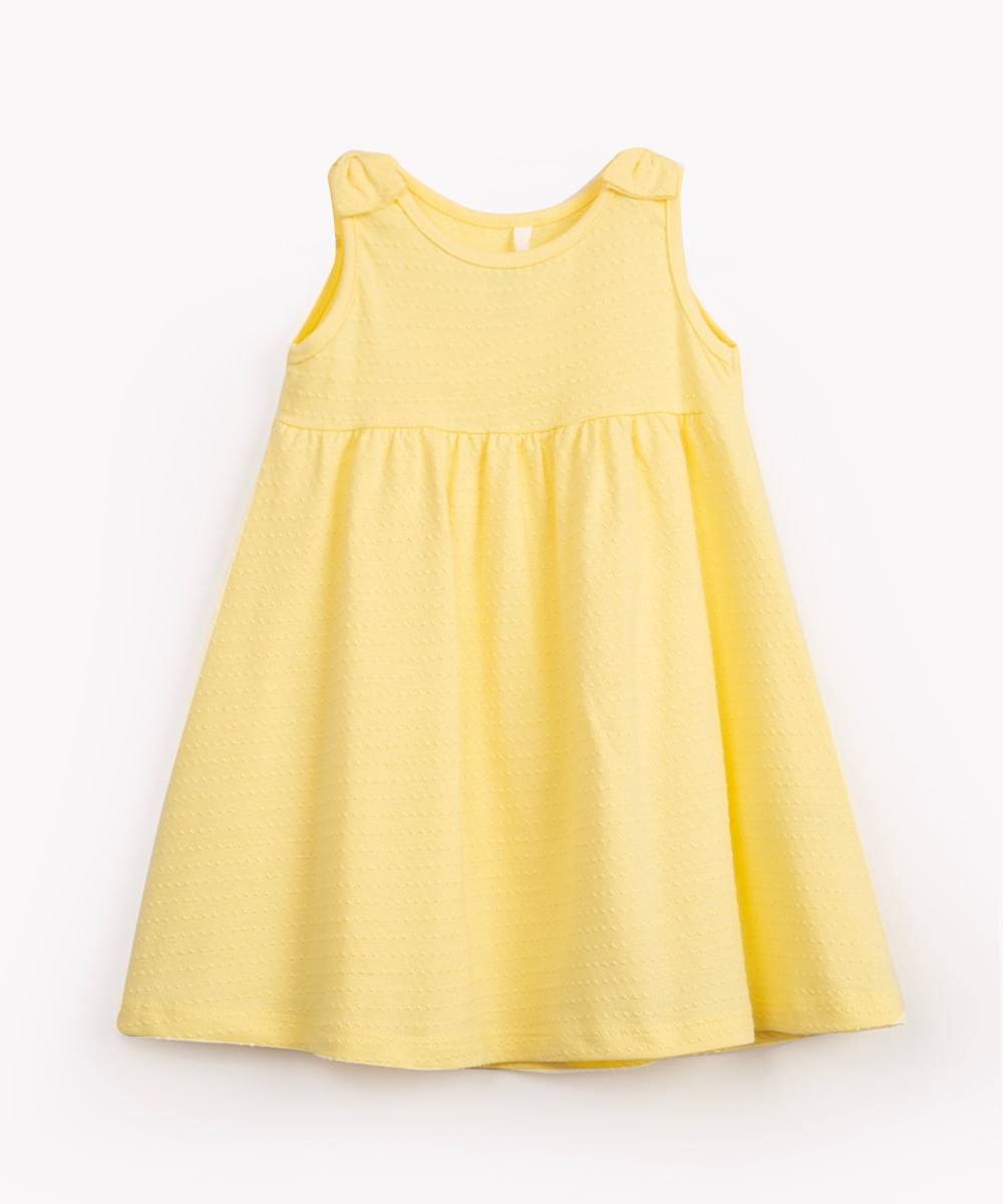 vestido infantil de algodão texturizado laço amarelo