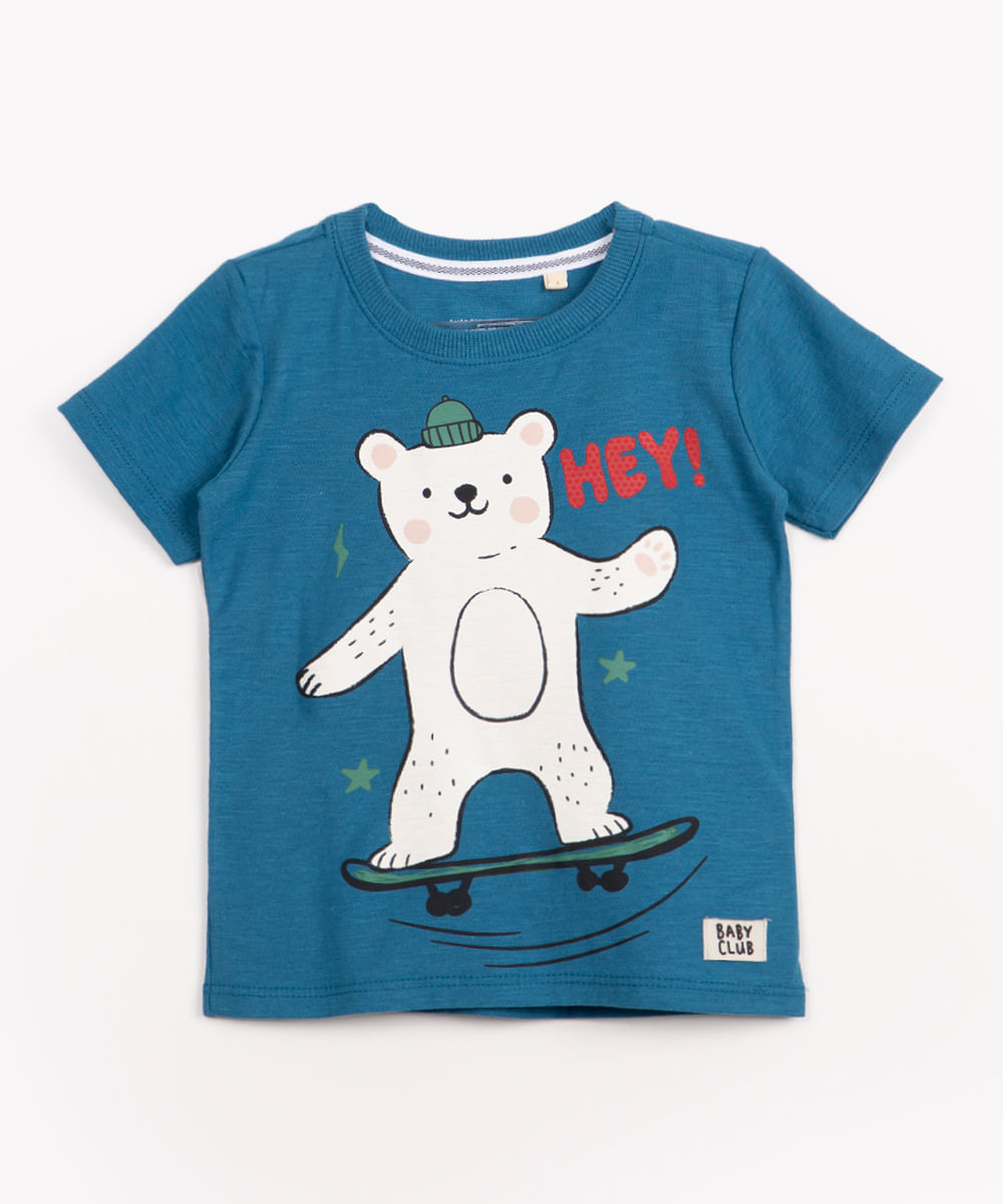 camiseta infantil de algodão manga curta urso polar azul médio