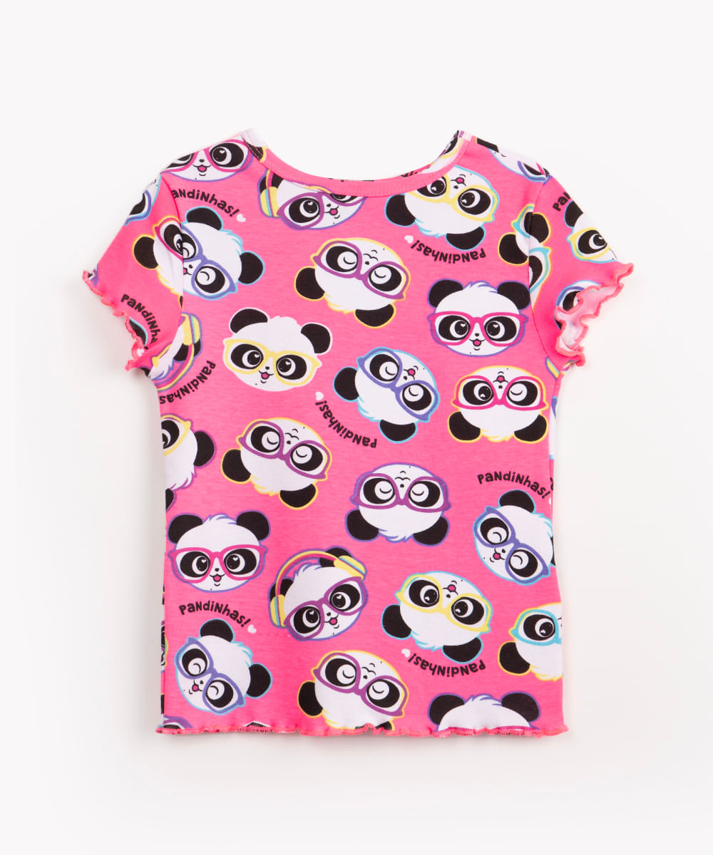 blusa infantil manga curta pandinhas luluca rosa neon