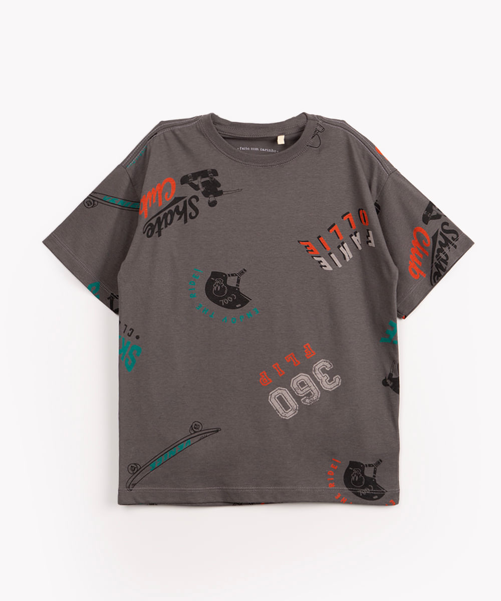 camiseta infantil de algodão manga curta skate cinza escuro