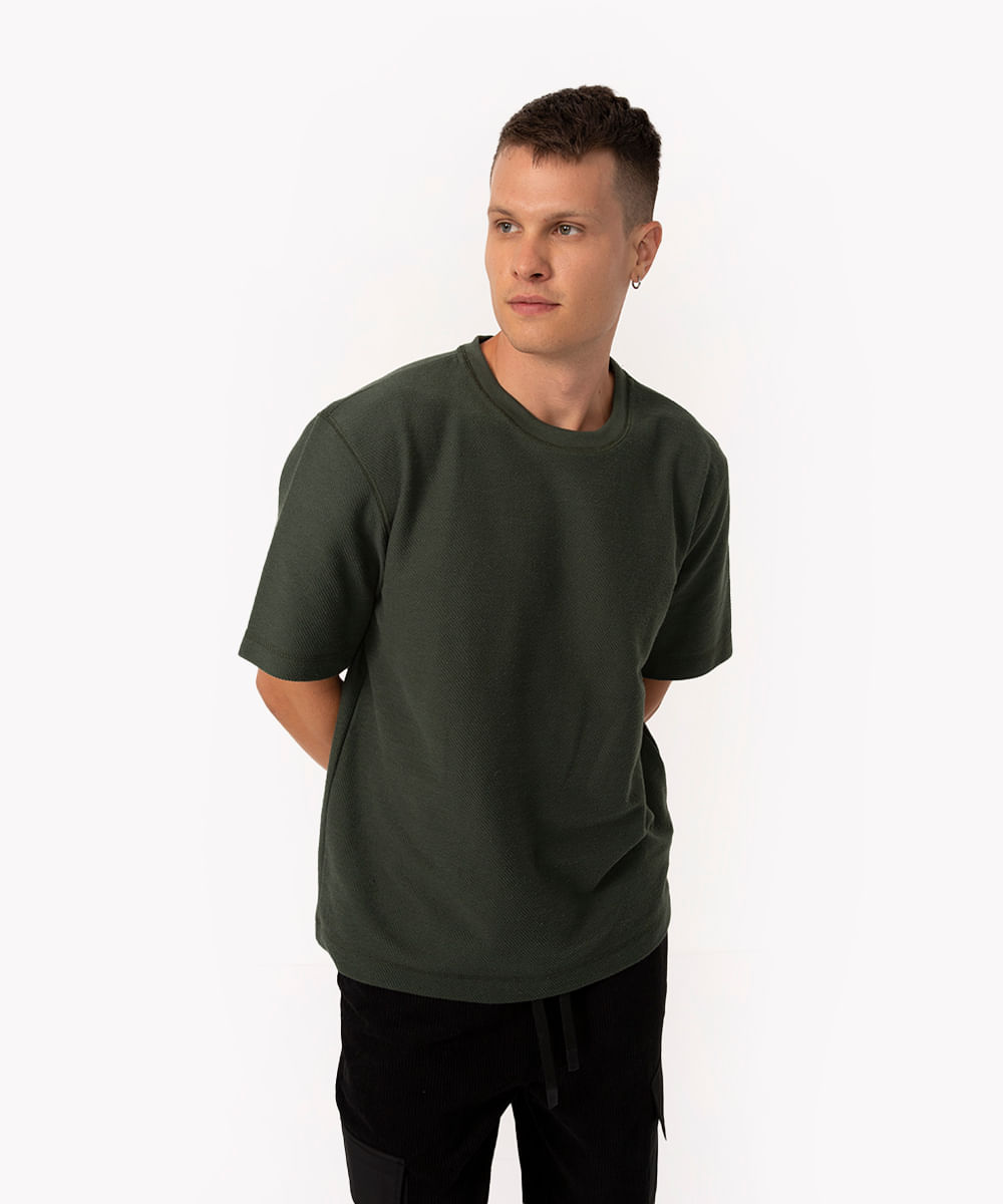 camiseta de algodão texturizada oversized manga curta verde militar