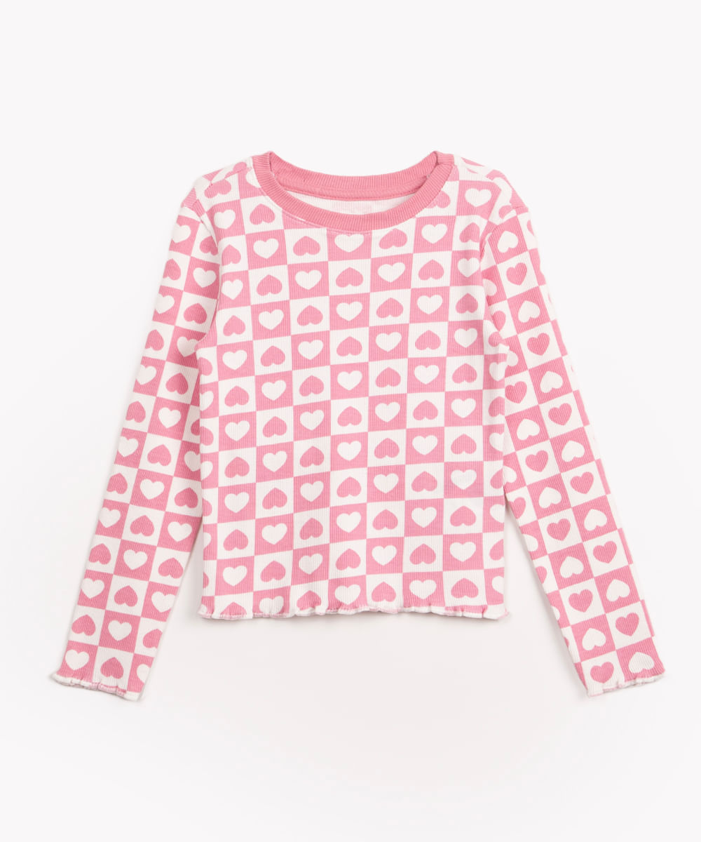 blusa infantil manga longa corações rosa