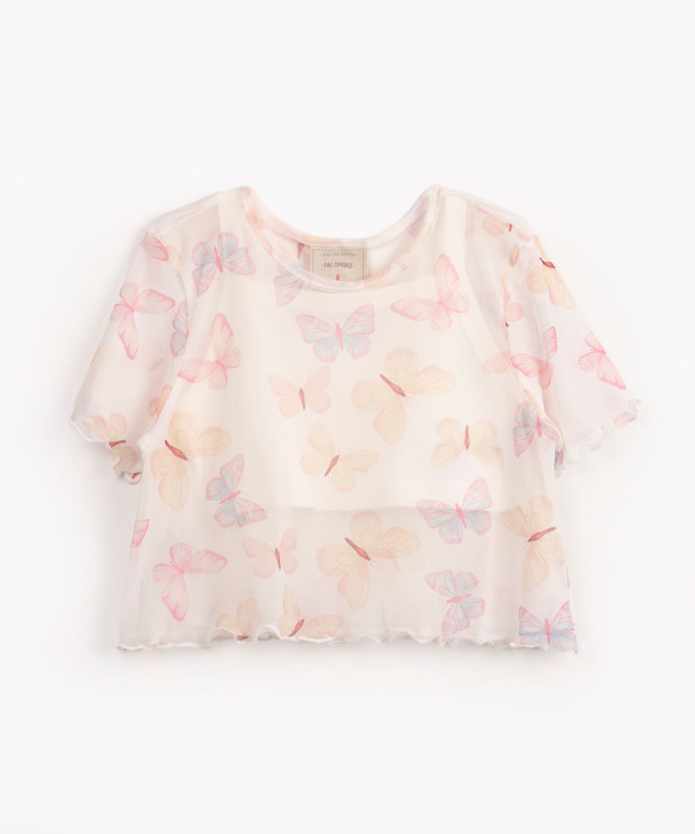 blusa de tule infantil borboletas manga curta off white