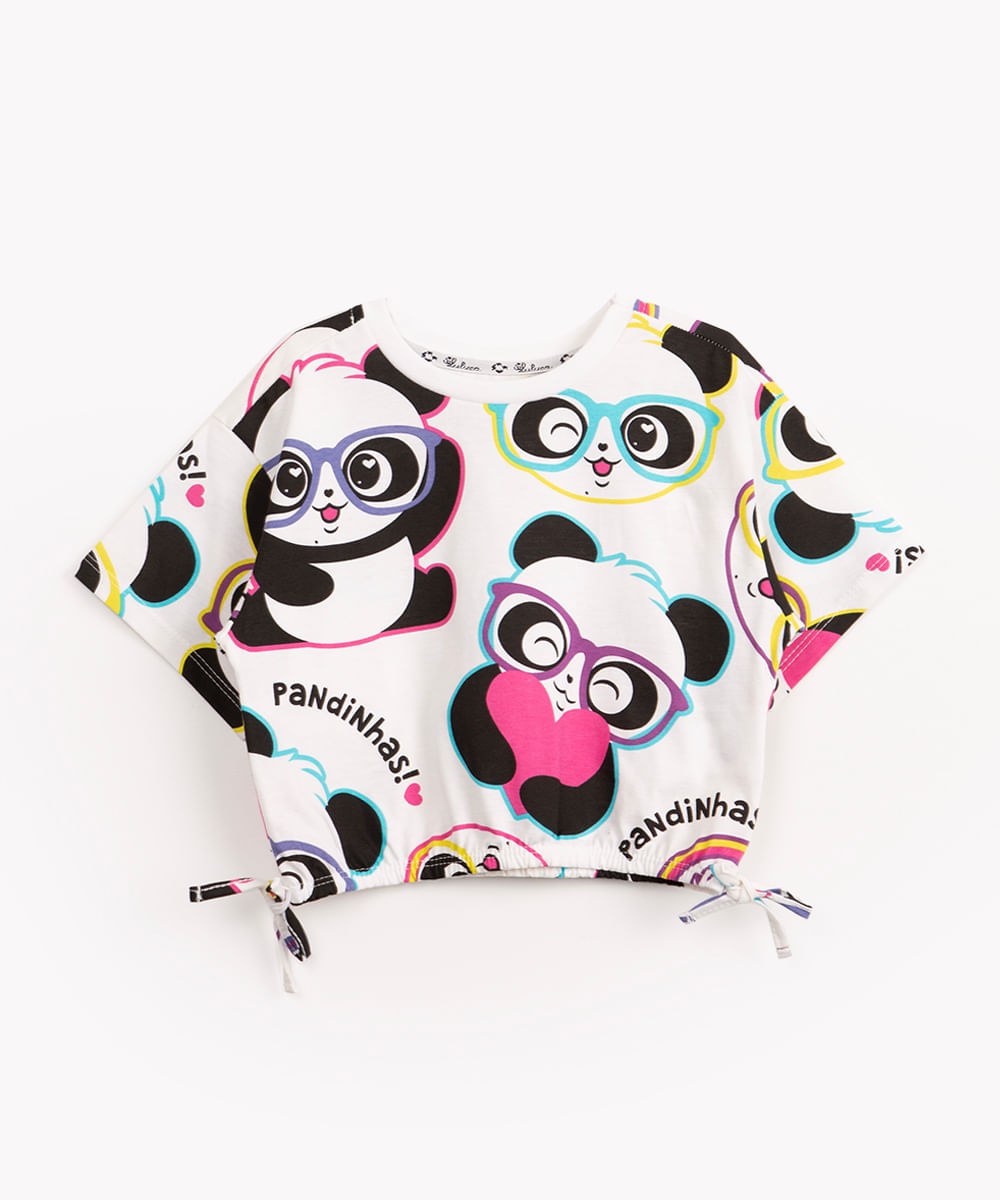 blusa de algodão infantil luluca pandas manga curta off white