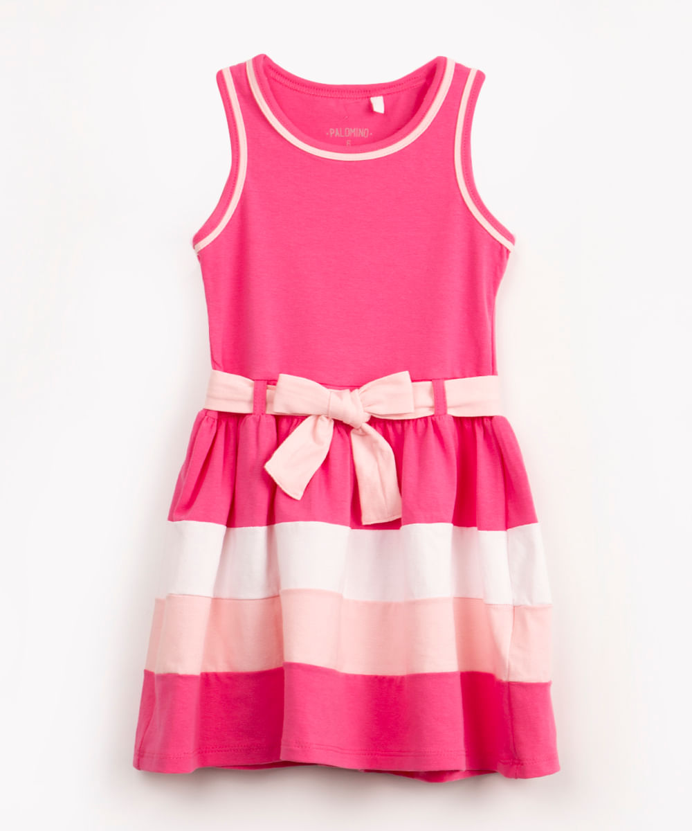 vestido de algodão infantil recortes com laço rosa