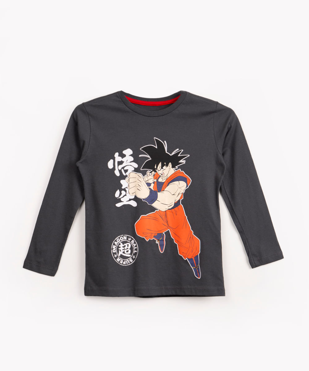 camiseta de algodão infantil goku manga longa cinza escuro