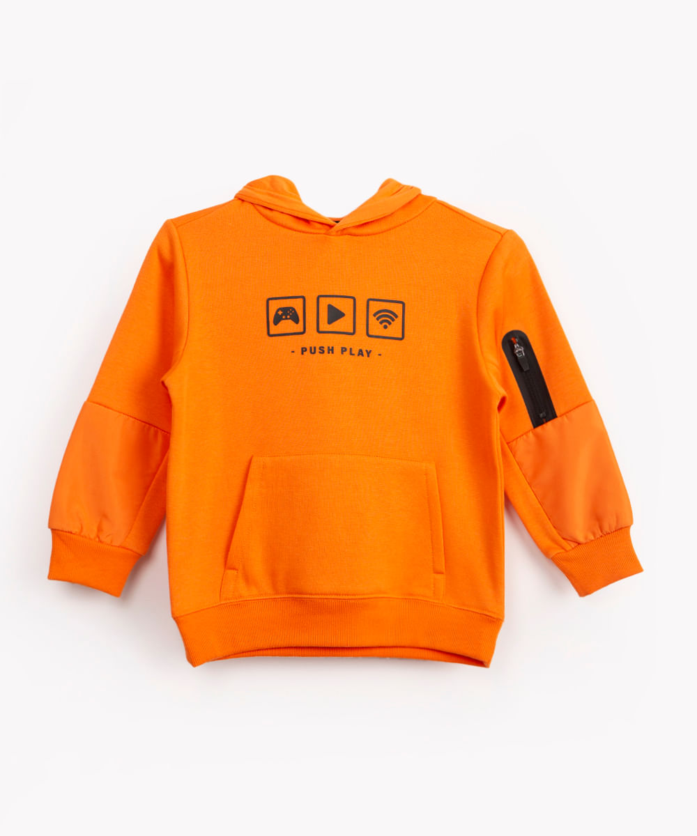 blusa de moletom infantil com zíper e capuz laranja