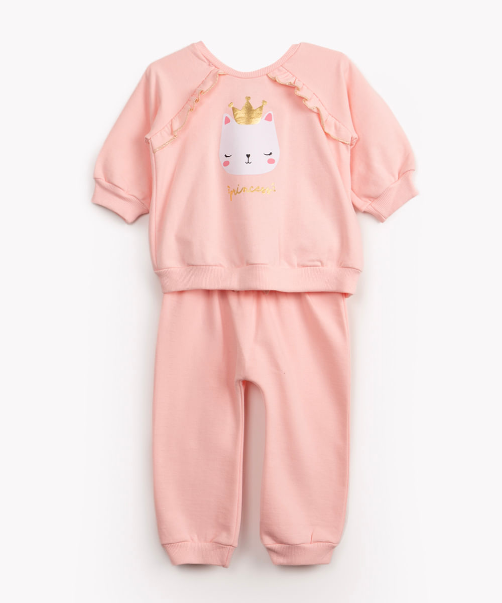 conjunto de moletom infantil gatinha com babado rosa