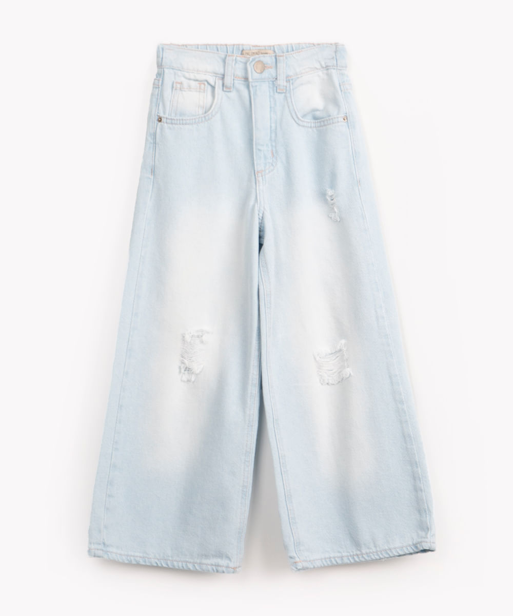 calça jeans wide leg infantil com rasgos azul claro