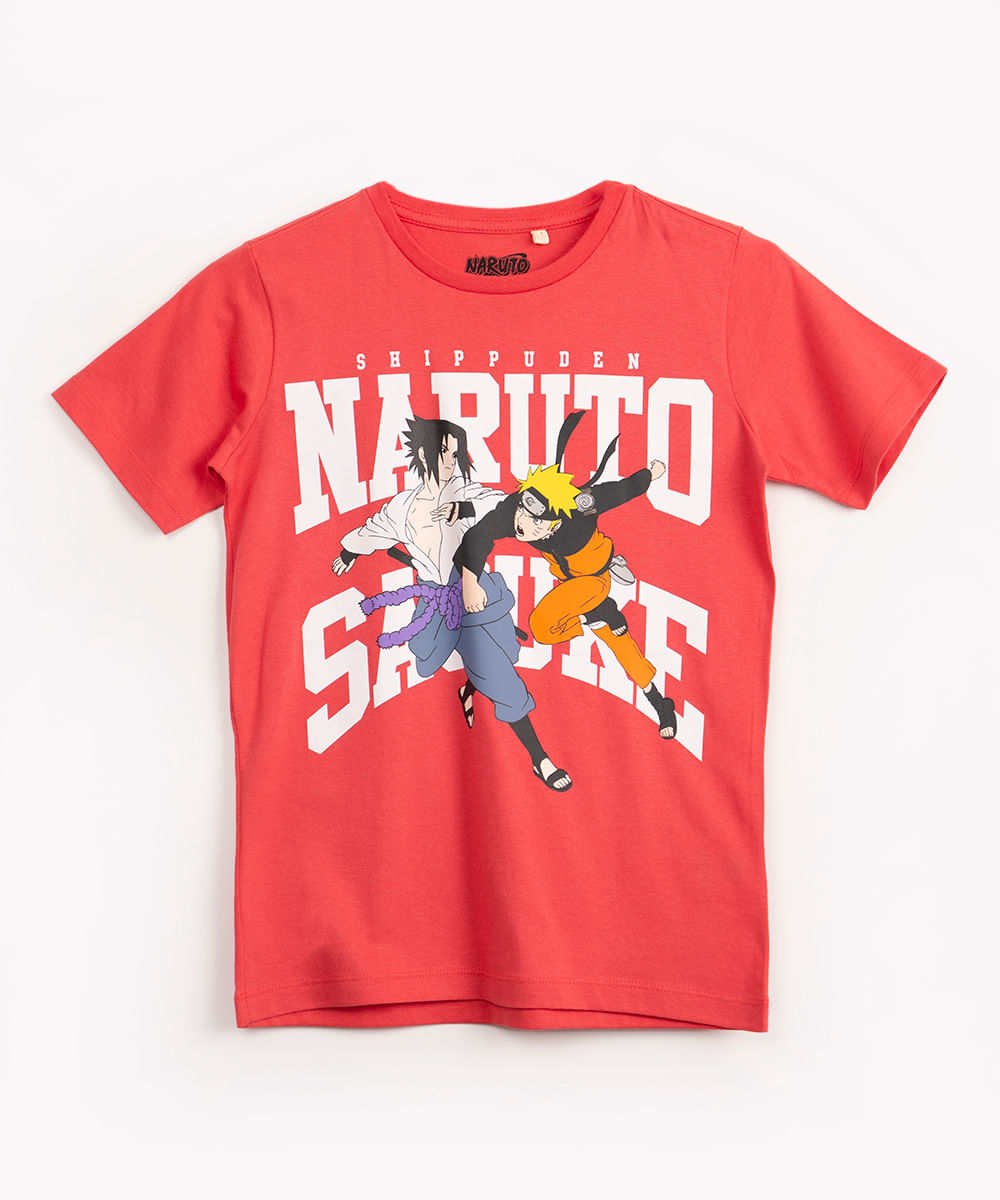 camiseta de algodão juvenil naruto manga curta vermelha