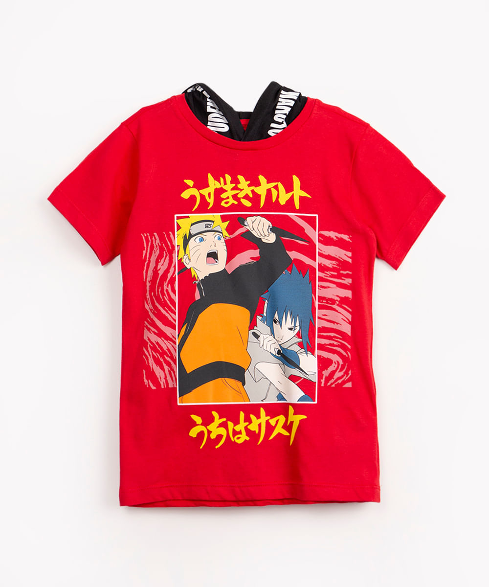 camiseta de algodão infantil maroto com capuz manga curta vermelho médio