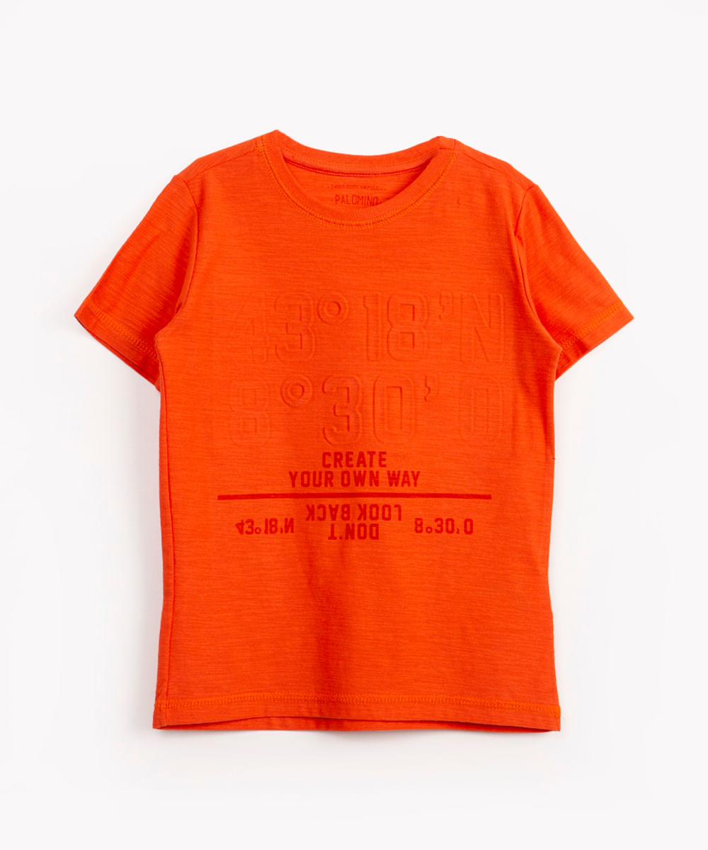 camiseta flamê infantil texturizada manga curta laranja escuro