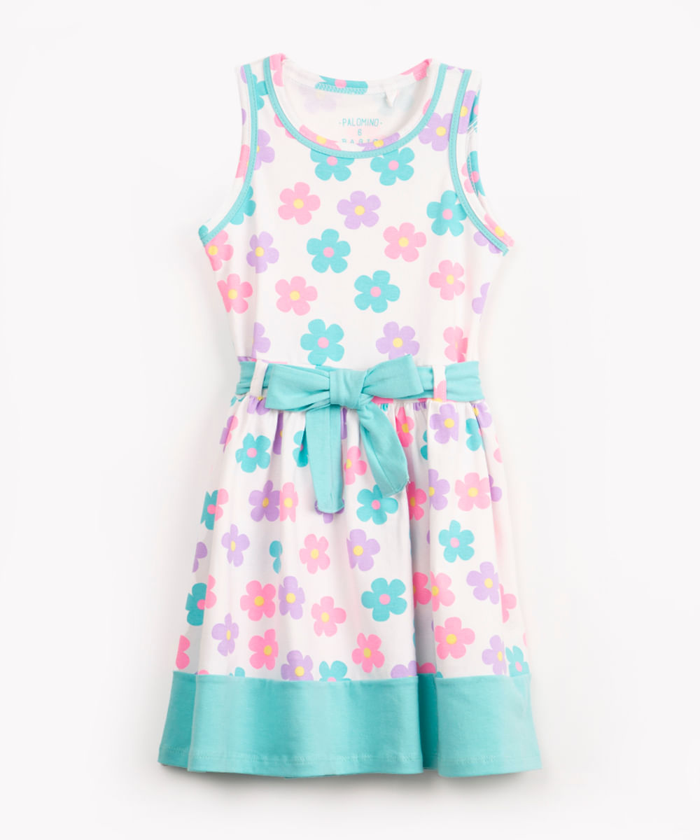 vestido de algodão infantil floral com laço off white