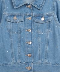 detalhes da jaqueta jeans infantil com botoes e brilhos