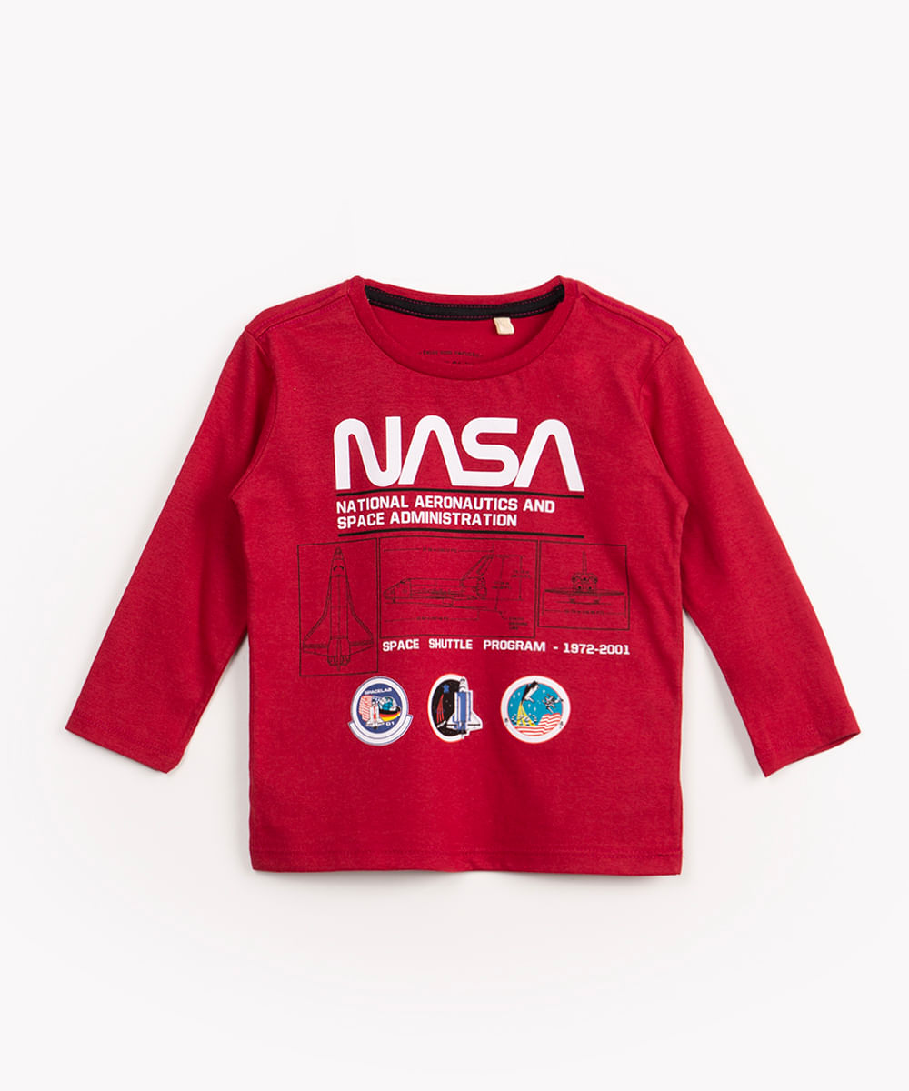 camiseta de algodão infantil NASA manga longa vermelha