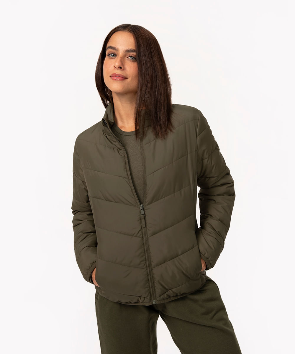 Jaqueta Feminina Puffer Básica Gola Alta Verde Militar