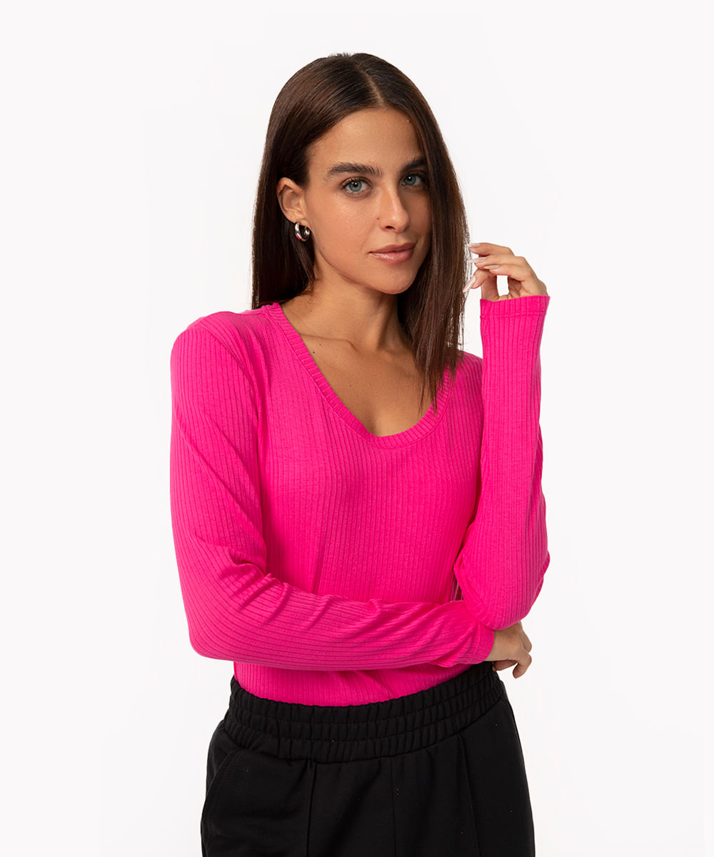 blusa básica canelada manga longa rosa escuro