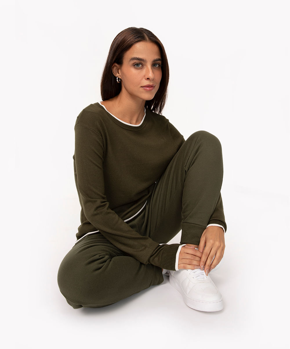 suéter de tricô básico bicolor verde militar