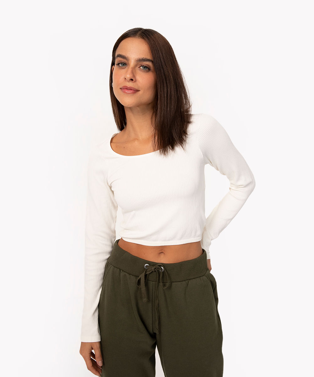 blusa de poliamida canelada cropped manga longa off white