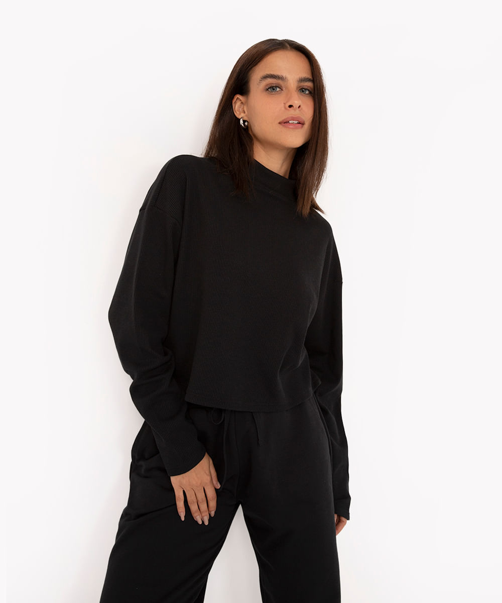 blusa texturizada básica manga longa verde - preto