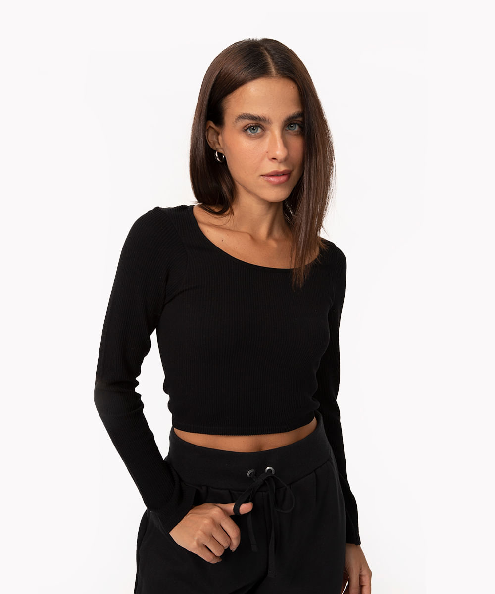 blusa de poliamida canelada cropped manga longa preto