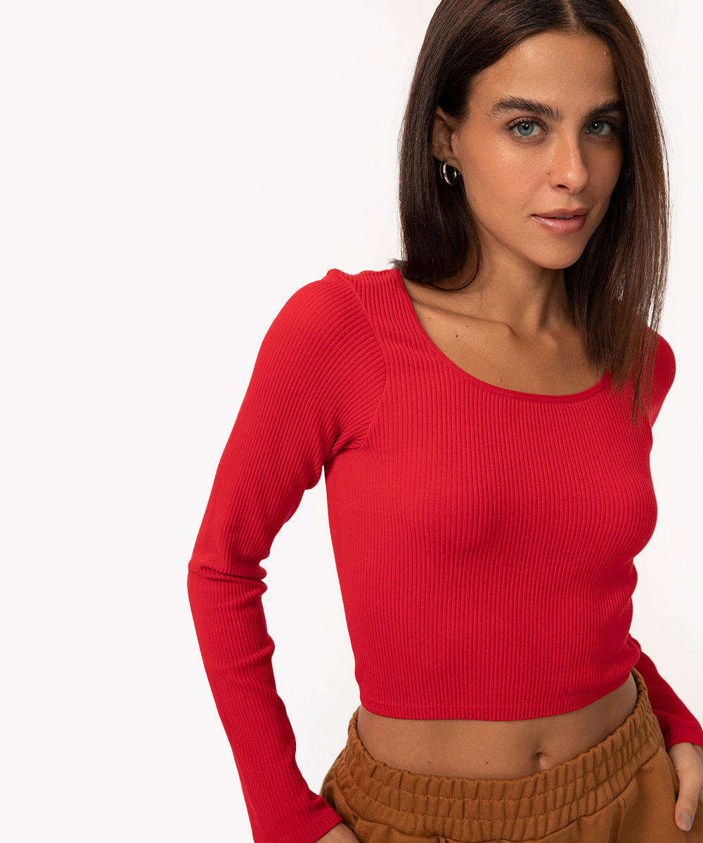 blusa de poliamida canelada cropped manga longa vermelho