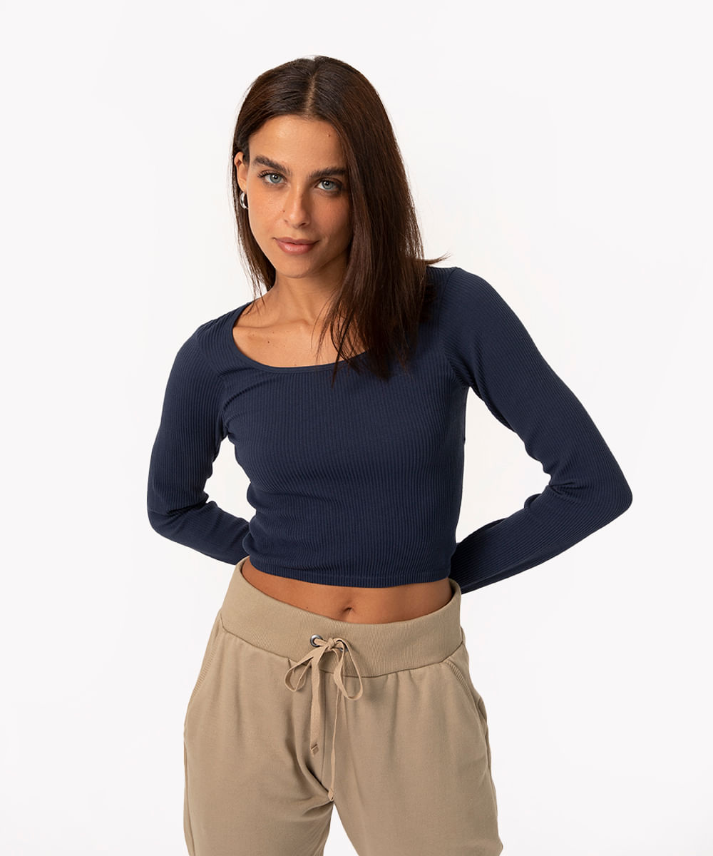 blusa de poliamida canelada cropped manga longa azul marinho