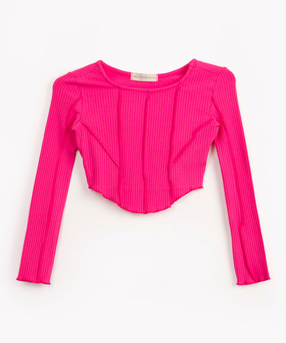 blusa cropped juvenil com recortes manga longa pink