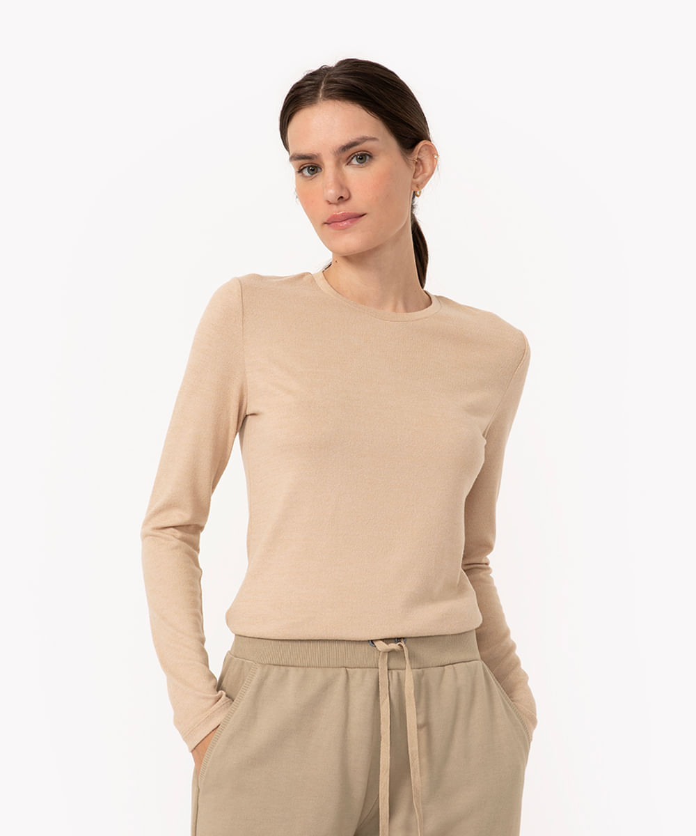 suéter básico de tricô decote redondo azul pastel - areia