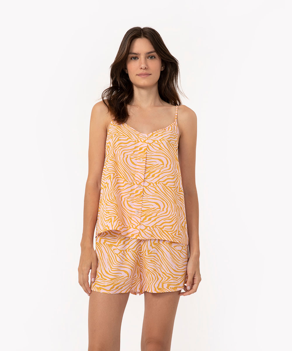 pijama curto de algodão alça fina animal print rosa