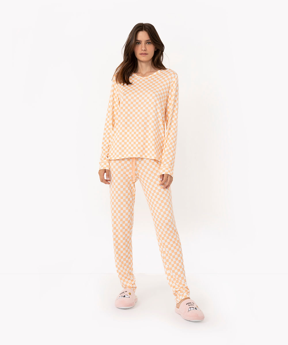 pijama manga longa com calça quadriculada laranja