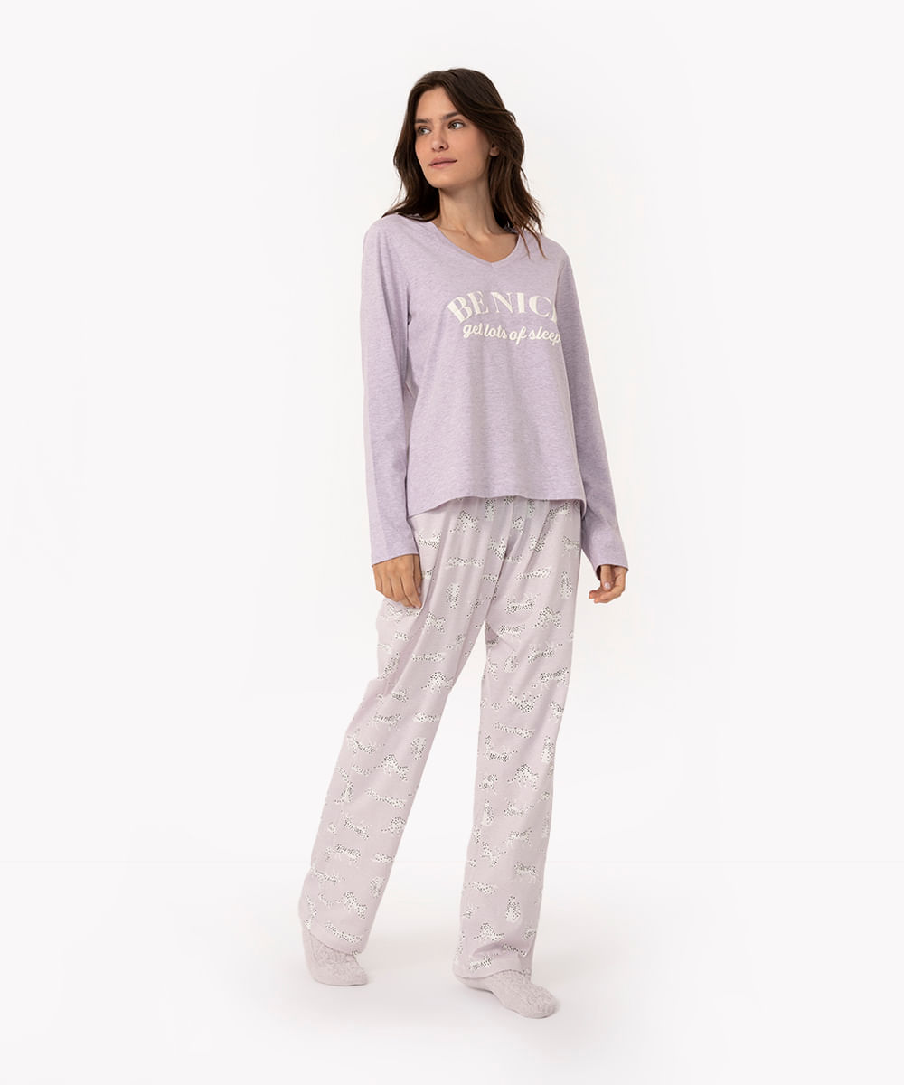 pijama manga longa com calça be nice onça lilás