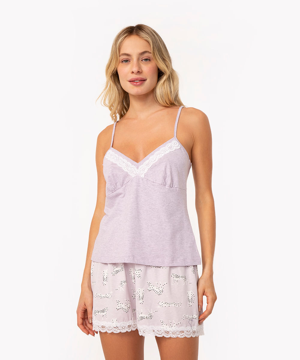 pijama de algodão onça com renda alças finas lilás