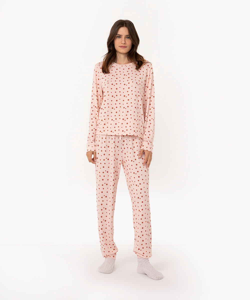 pijama manga longa com calça floral rosa