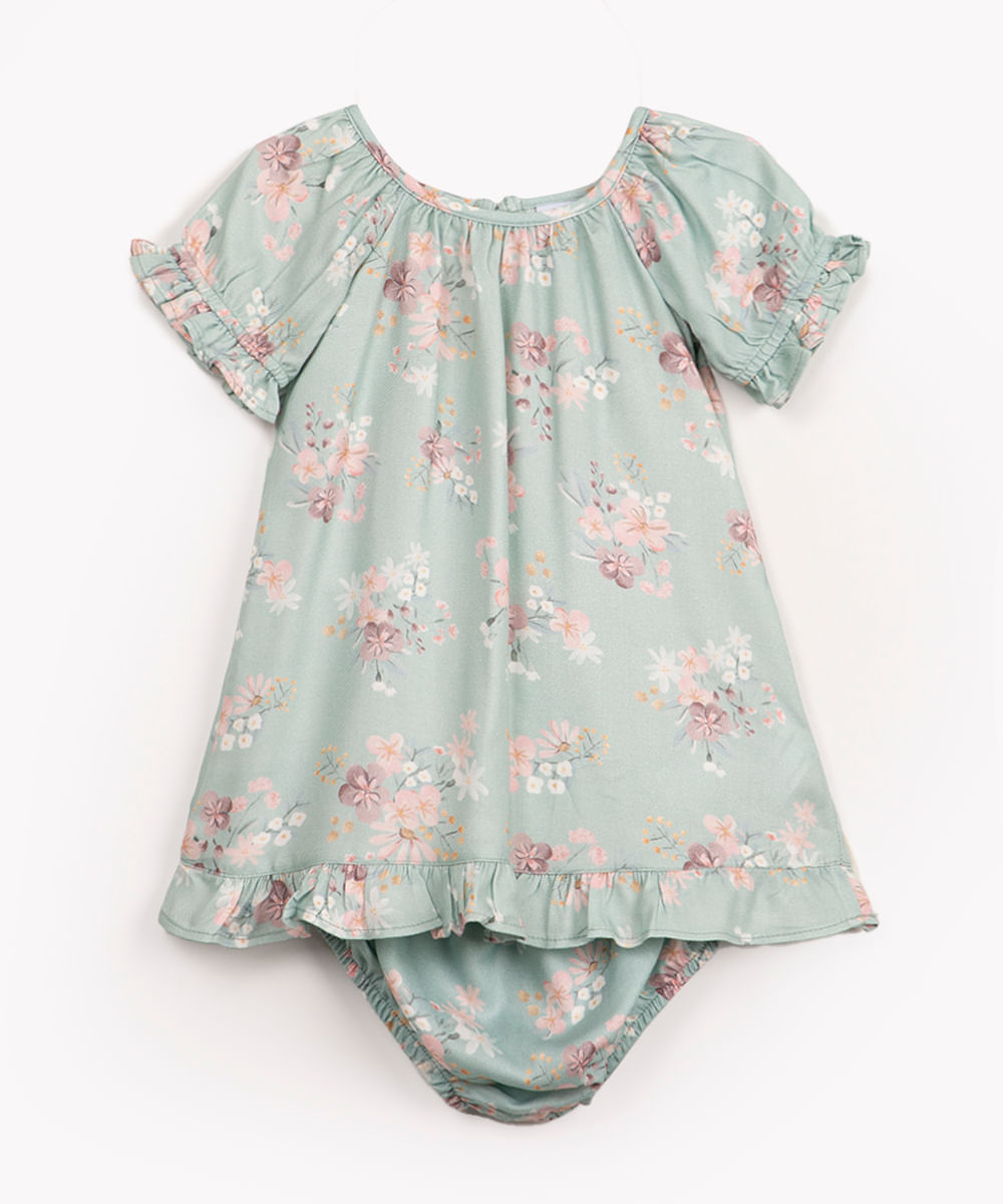 vestido infantil floral com tapa fralda verde