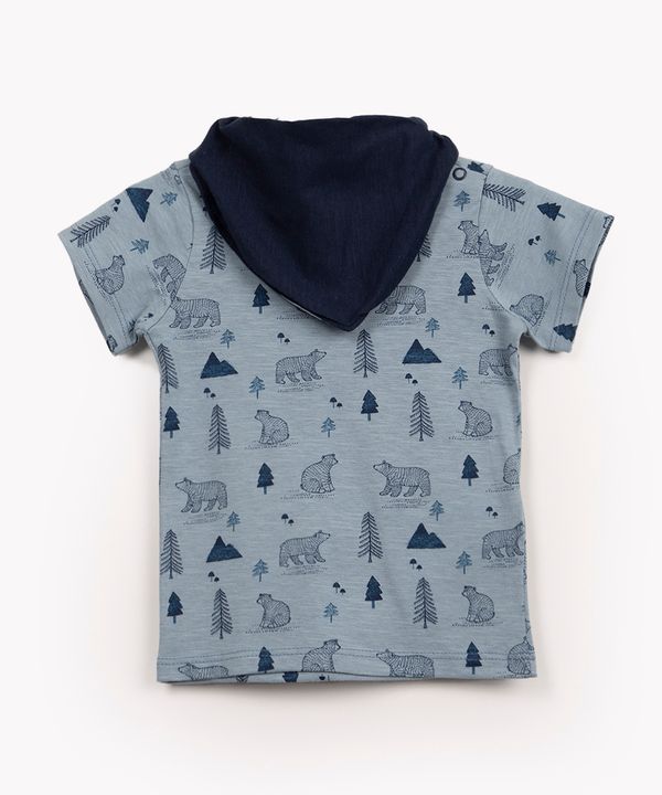 camisa de algodão infantil ursos manga curta com babador azul 3-6