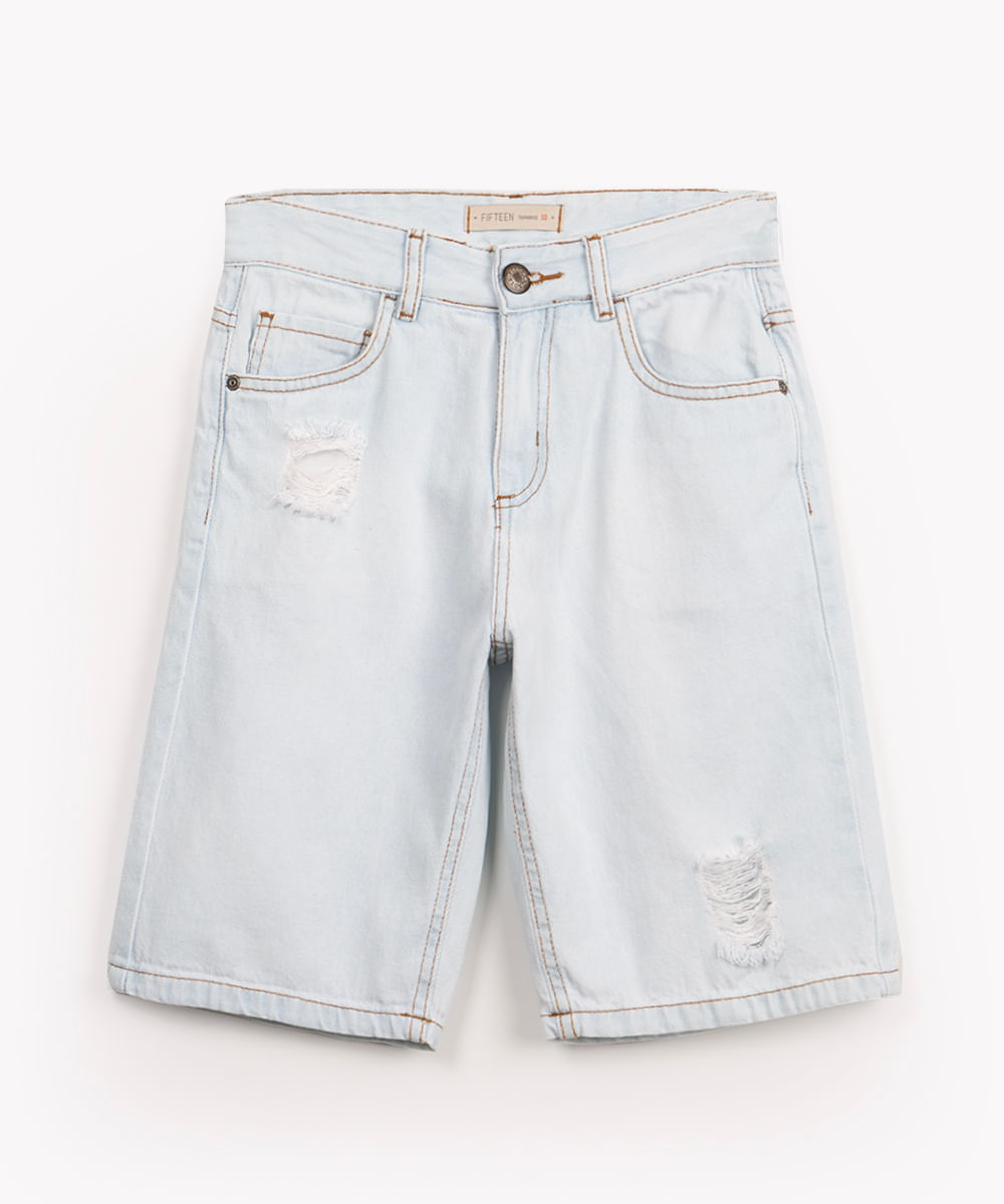 bermuda jeans juvenil com rasgos azul claro