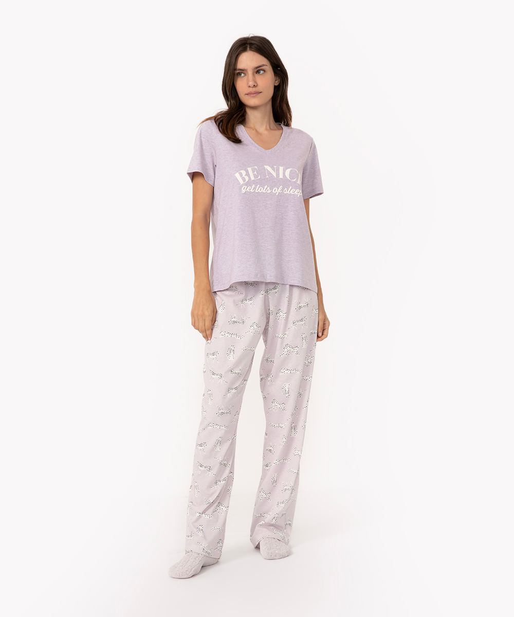 pijama manga curta com calça be nice onça lilás
