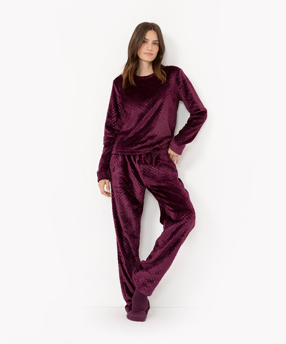 pijama texturizado manga longa com calça roxo